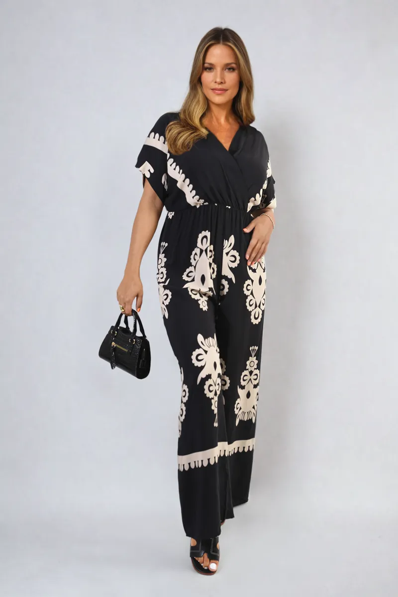 Printed Cross Front Wide Leg Jumpsuit