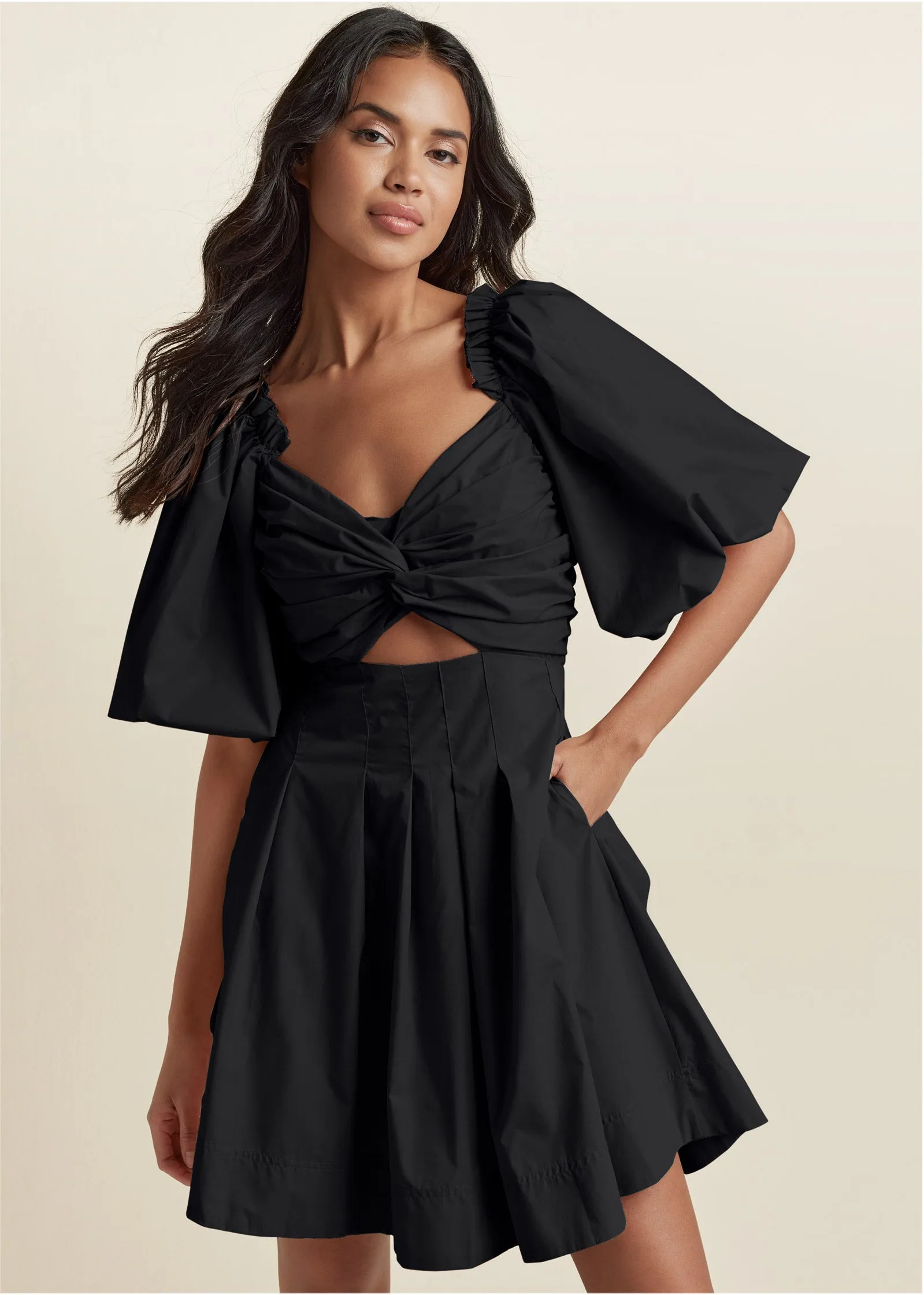 Puff Sleeve Taffeta Dress - Black