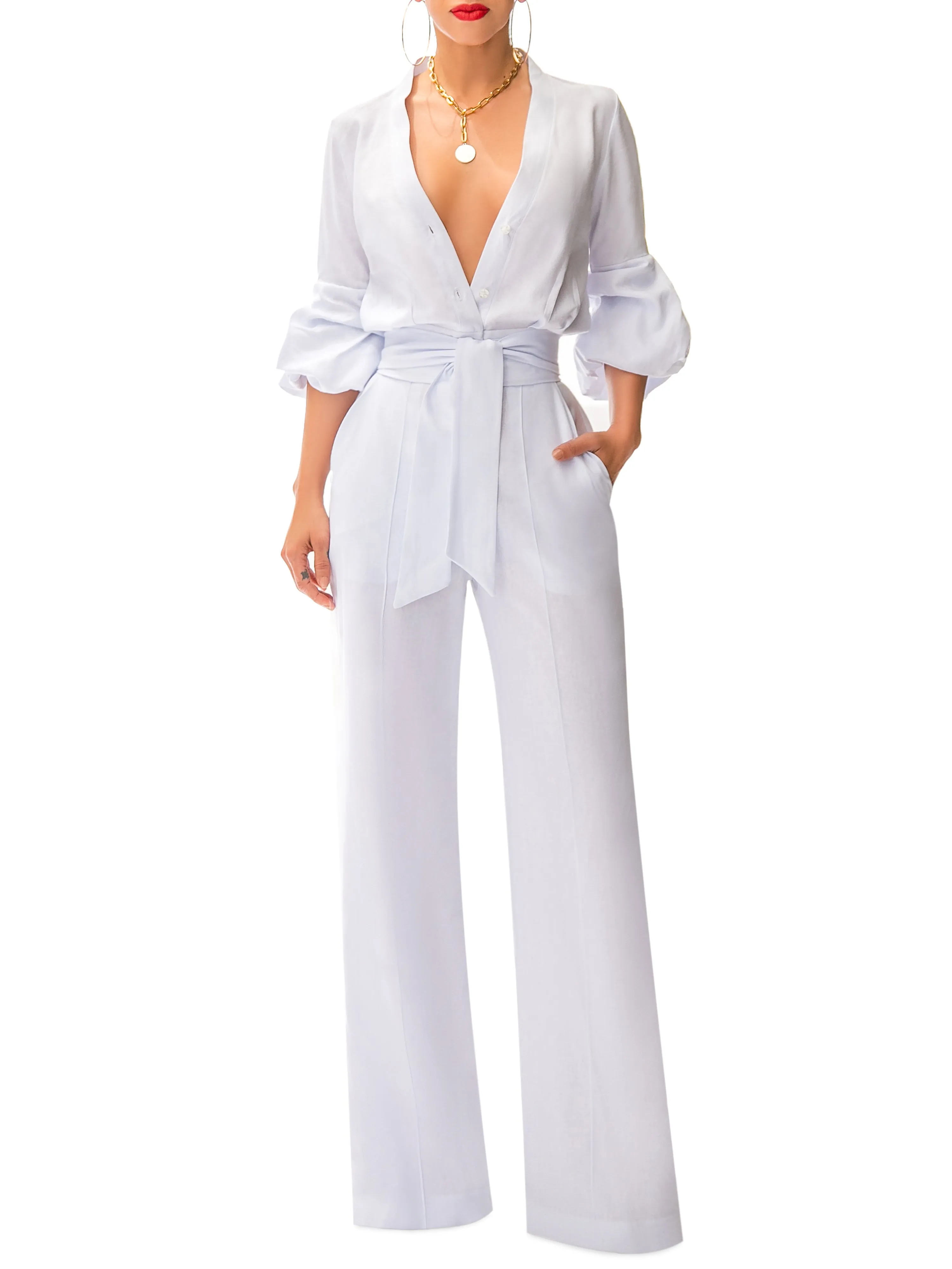 "Catalina" White Button-Down Jumpsuit