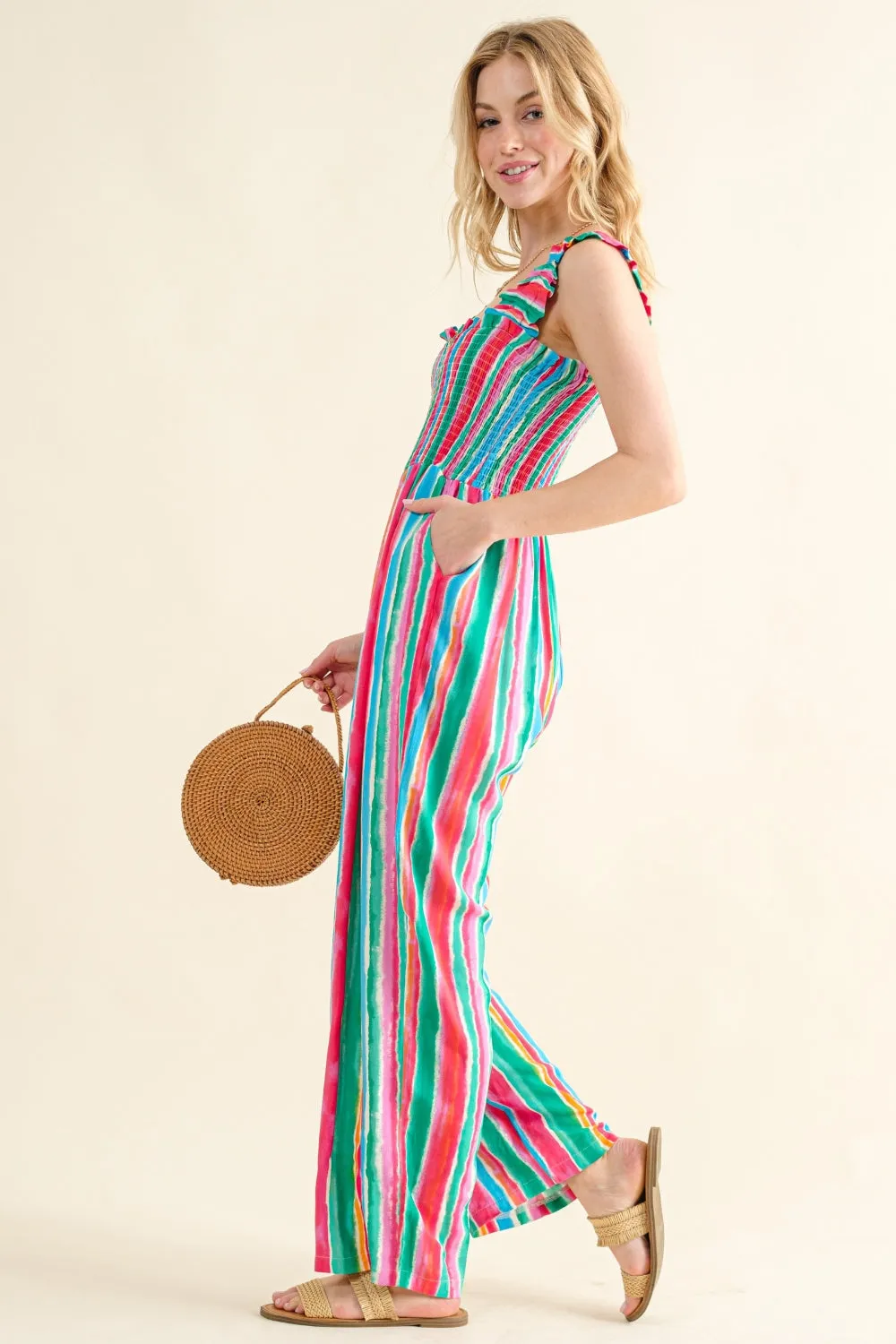 "Lined By Color" Smocked Sleeveless Jumpsuit