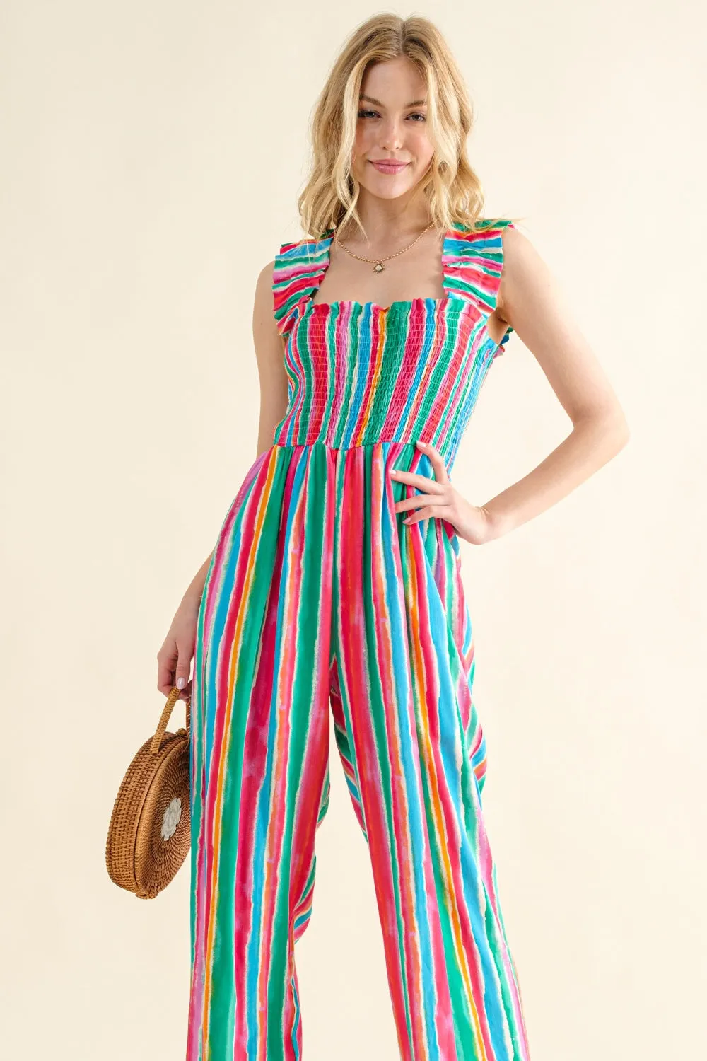 "Lined By Color" Smocked Sleeveless Jumpsuit