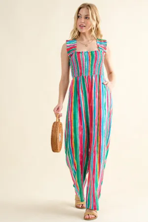 "Lined By Color" Smocked Sleeveless Jumpsuit