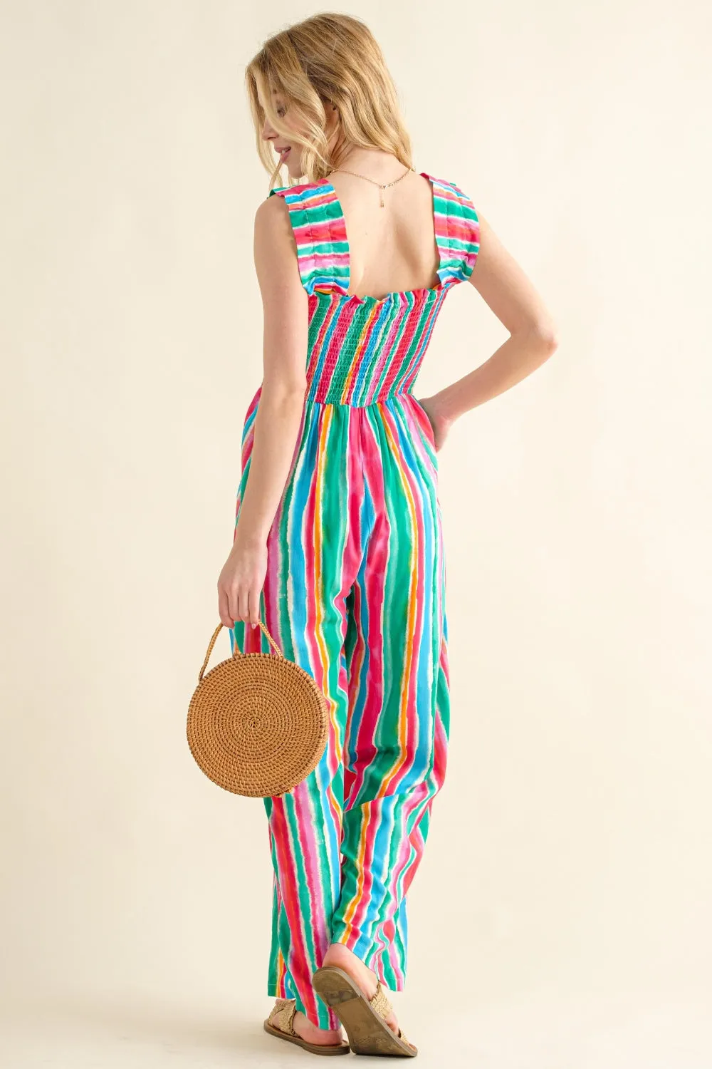 "Lined By Color" Smocked Sleeveless Jumpsuit