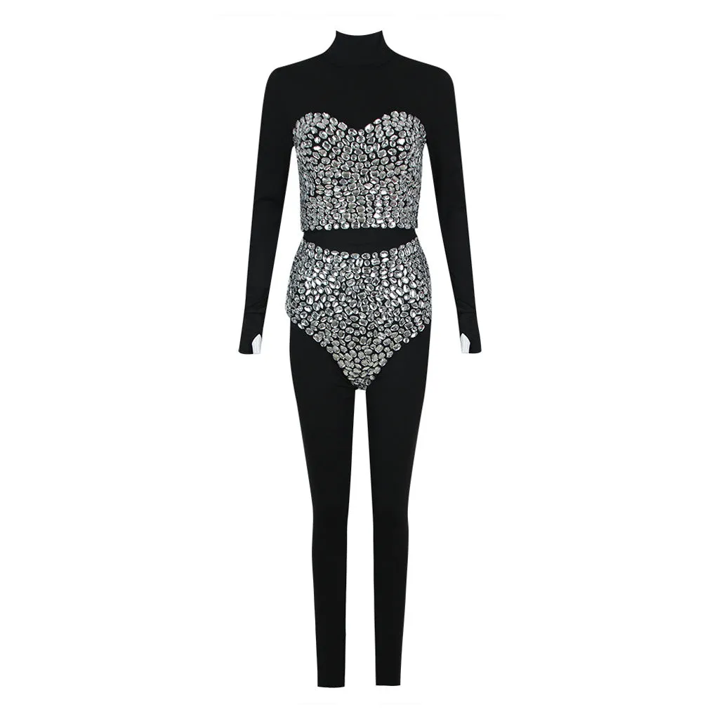 Radiant Rhinestone Bustier Bandage Booty Shorts Jumpsuit Matching Set