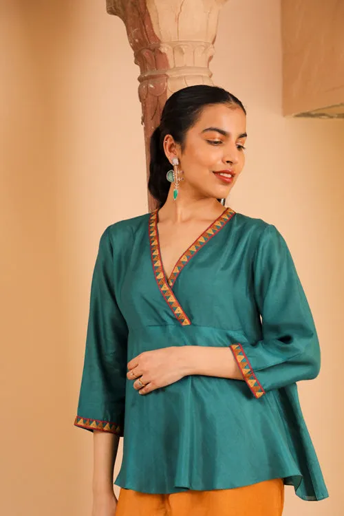 Rangsutra Juhi Teal Green Peplum Top With Crewel Embroidery