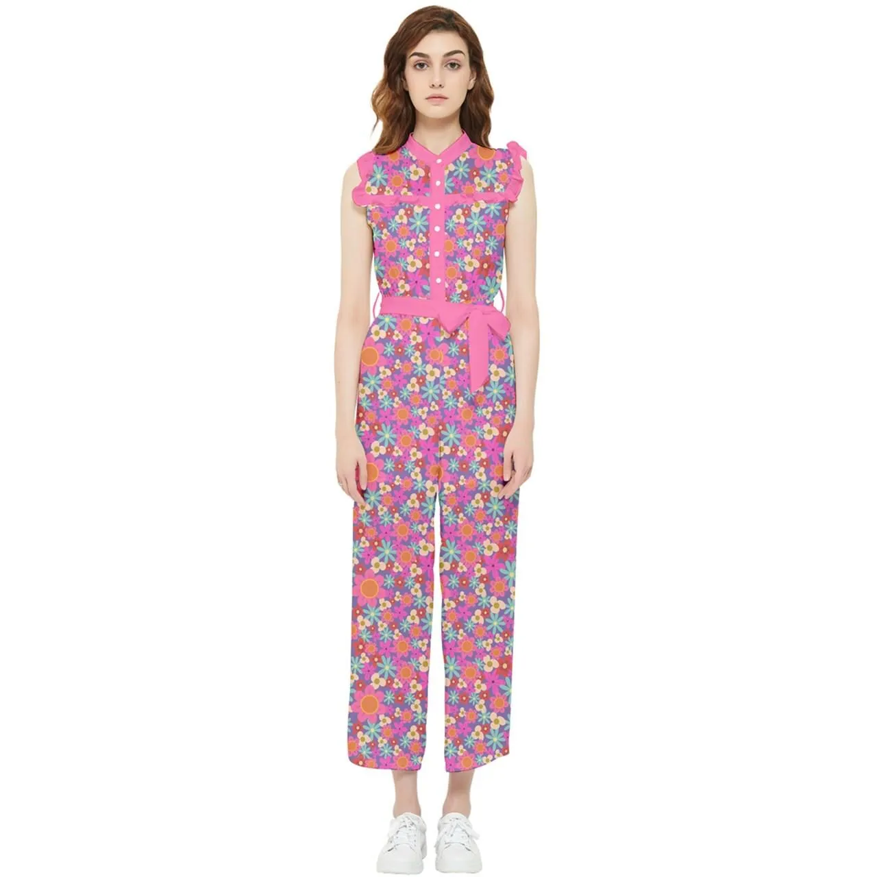 Retro Pink Jumpsuit, 70s Style Jumpsuit, Chiffon Floral Pink Ruffle Jumpsuit, Pink Pants Overall