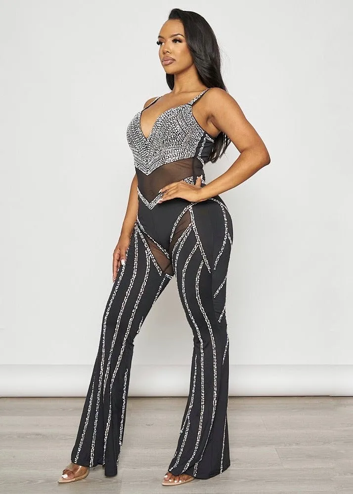 Rhinestone Decor Sleeveless Jumpsuit