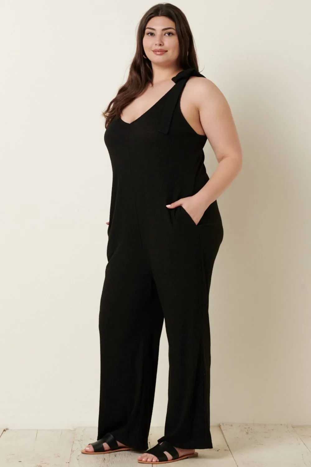 Rib Knit V-Neck Cross Back Jumpsuit