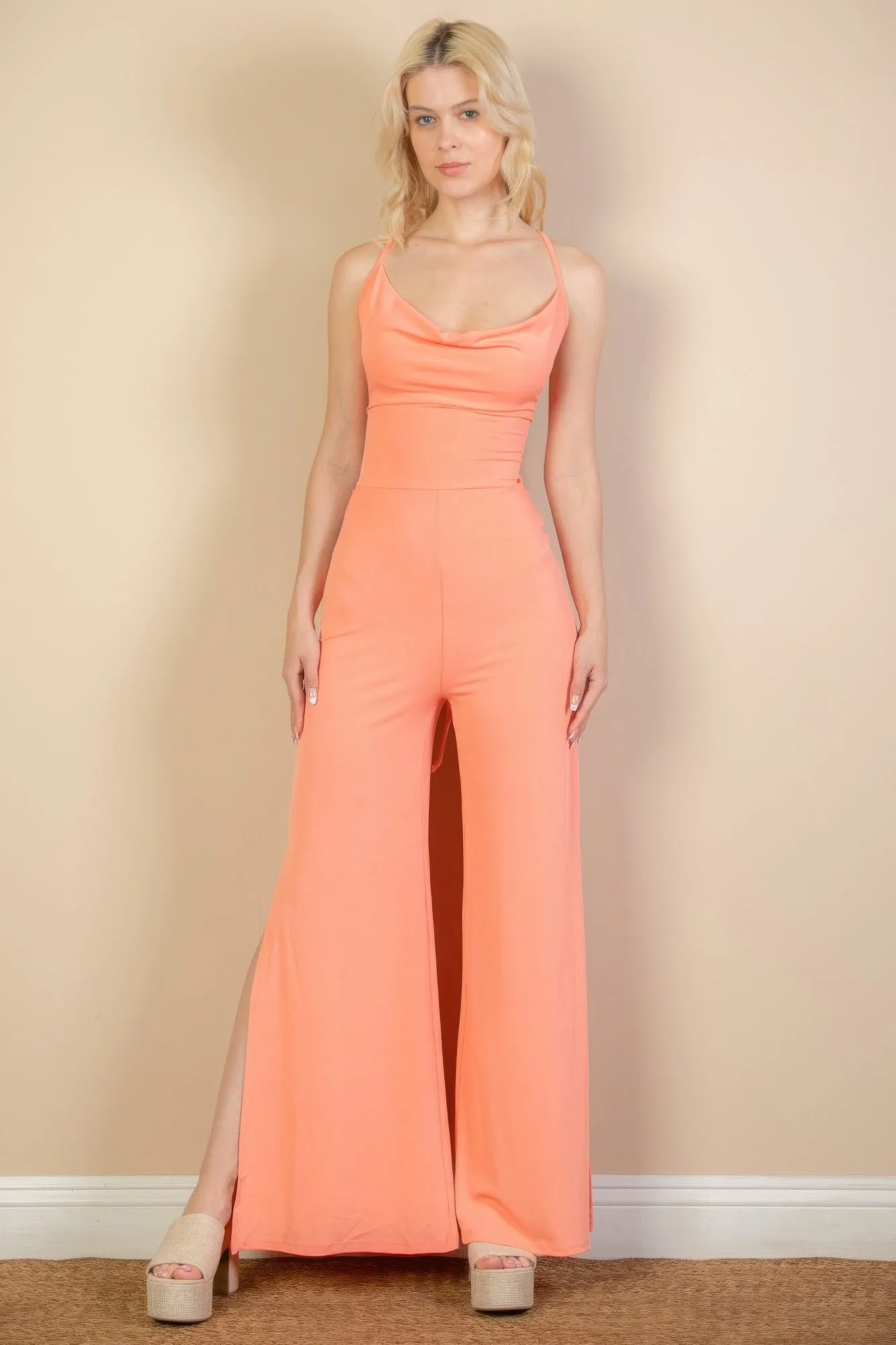 Ribbed Cowl Neck Backless Split Wide Leg Jumpsuit