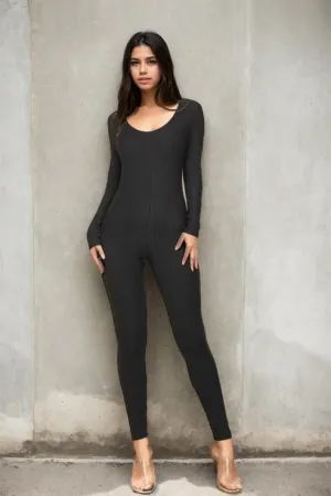 Ribbed Scoop Neck Long Sleeve Jumpsuit