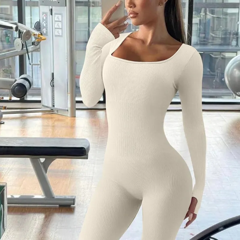 Ribbed Thumbhole Square Neck Long Sleeve Bodycon Jumpsuit