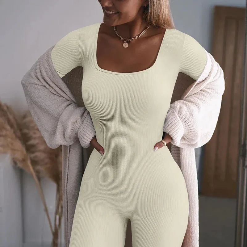 Ribbed Thumbhole Square Neck Long Sleeve Bodycon Jumpsuit