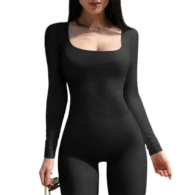 Ribbed Thumbhole Square Neck Long Sleeve Bodycon Jumpsuit