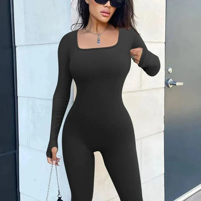 Ribbed Thumbhole Square Neck Long Sleeve Bodycon Jumpsuit