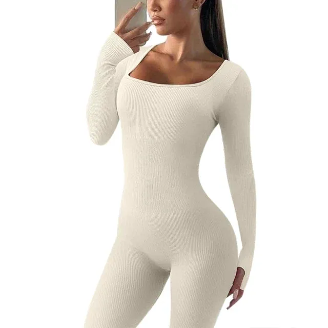 Ribbed Thumbhole Square Neck Long Sleeve Bodycon Jumpsuit