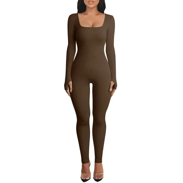 Ribbed Thumbhole Square Neck Long Sleeve Bodycon Jumpsuit