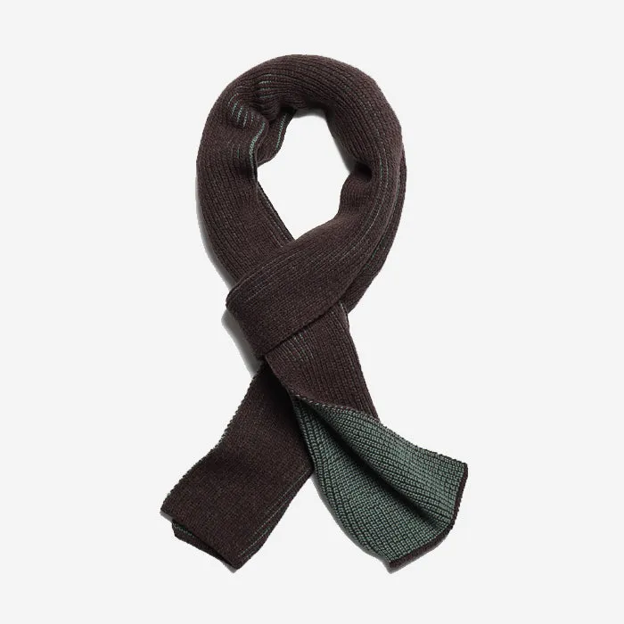 Ribbed Wool Knit Scarf - Slate Brown/Forest Green