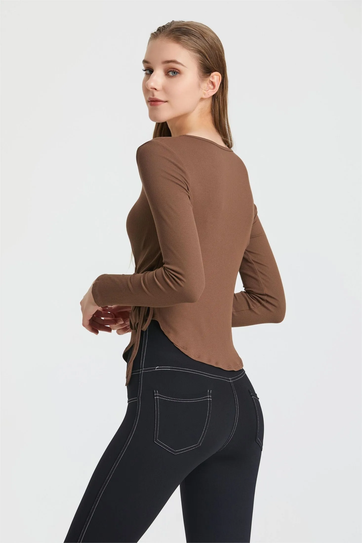 Ribbed Wrap Belted Long Sleeve Top