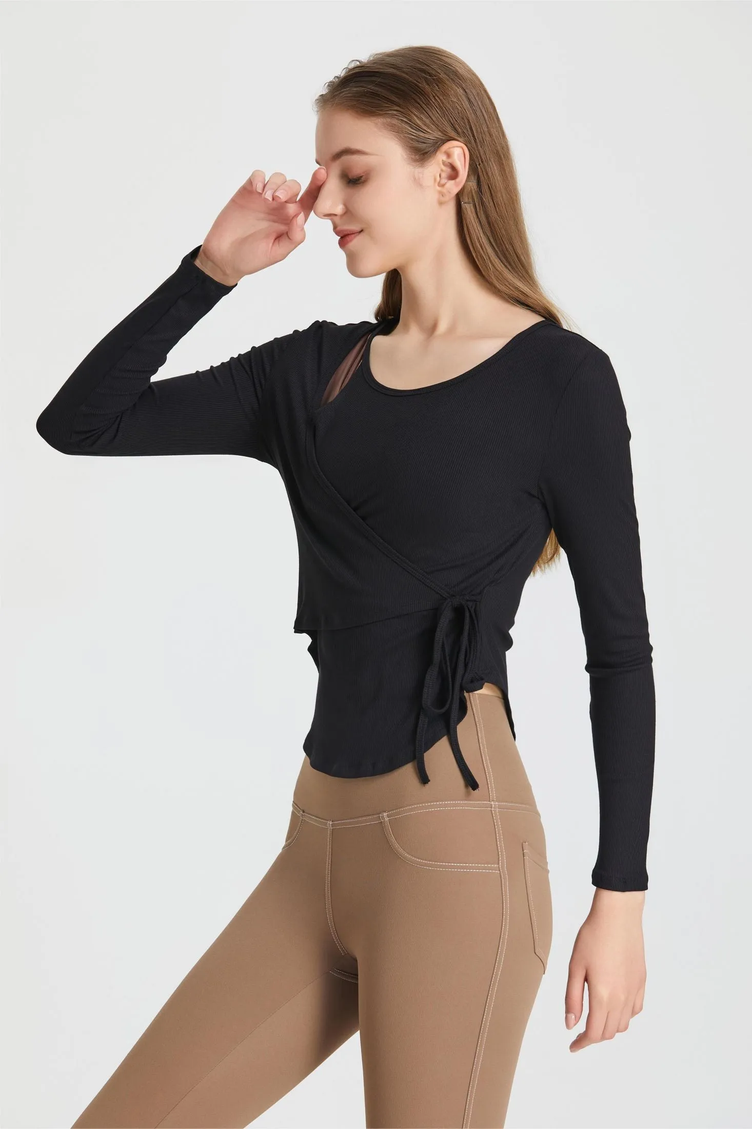 Ribbed Wrap Belted Long Sleeve Top