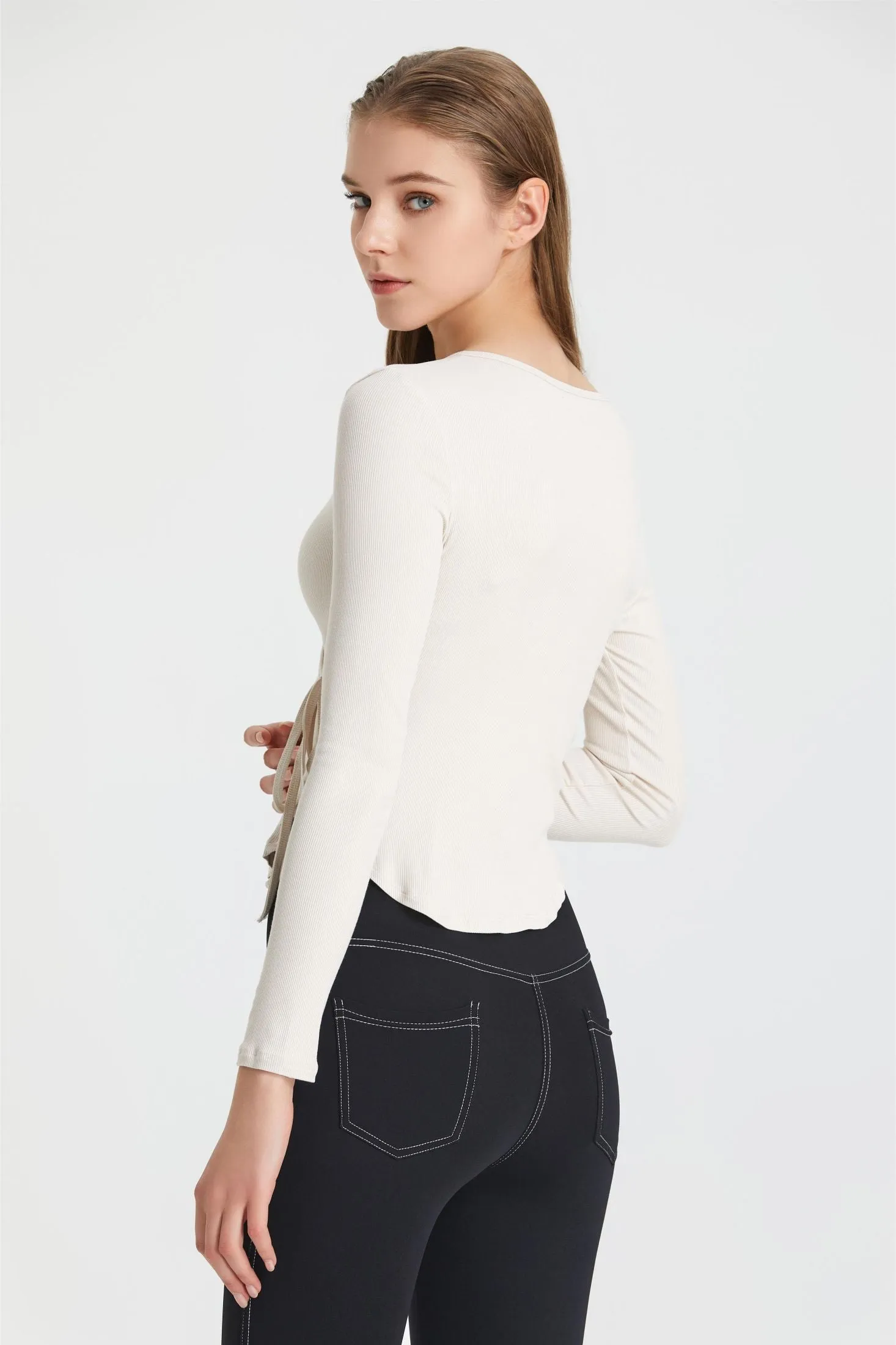 Ribbed Wrap Belted Long Sleeve Top