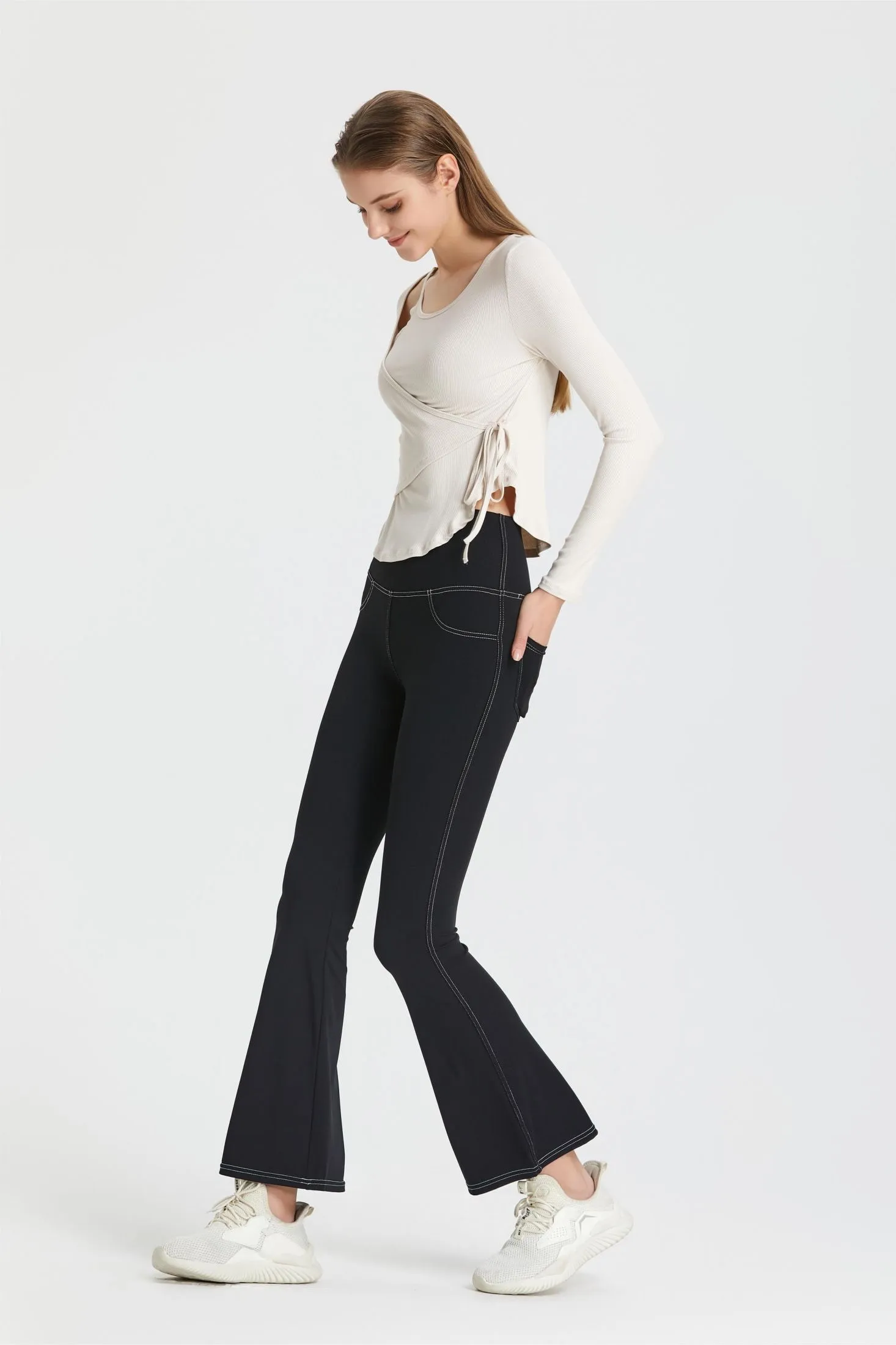 Ribbed Wrap Belted Long Sleeve Top