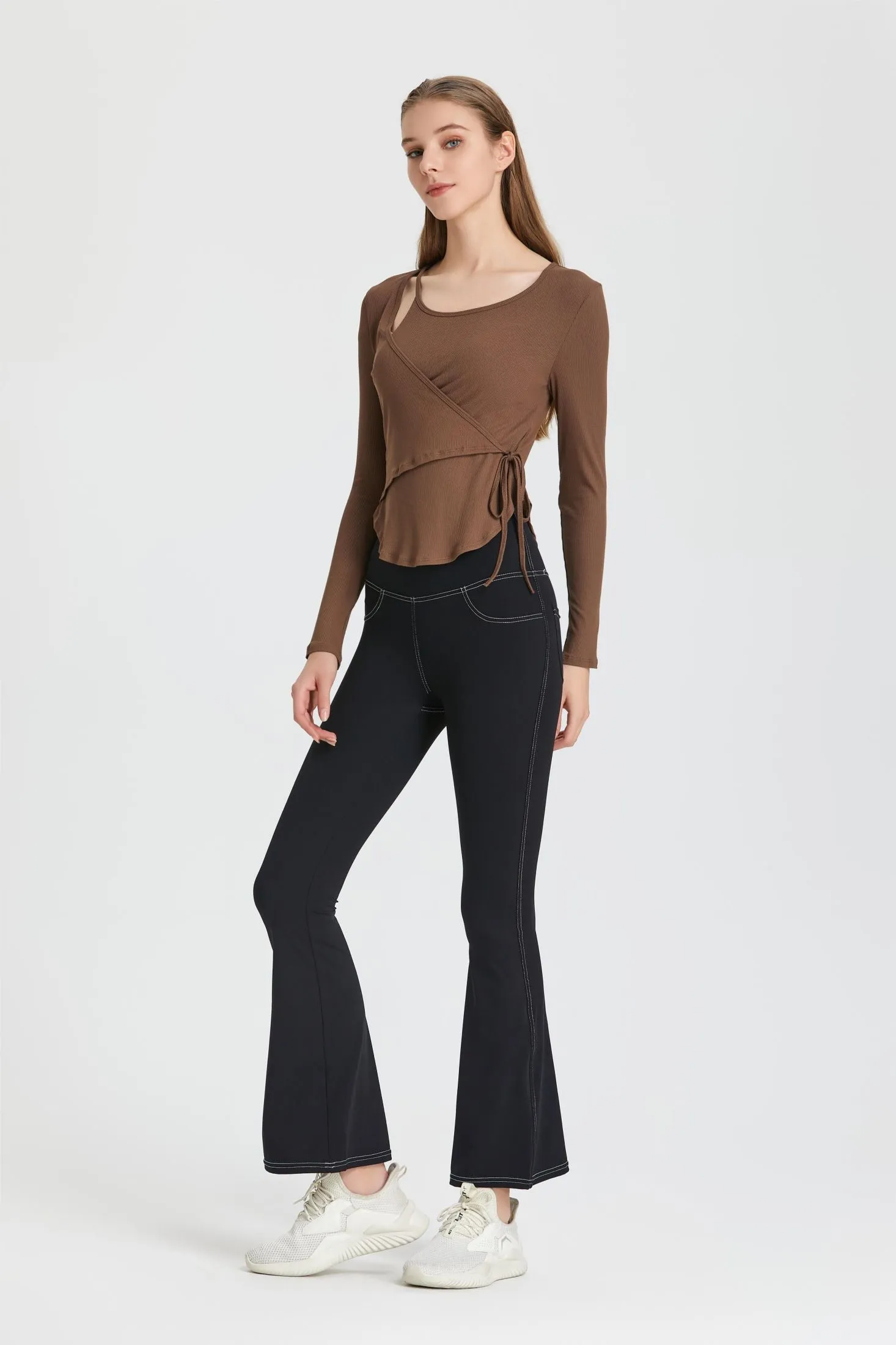 Ribbed Wrap Belted Long Sleeve Top