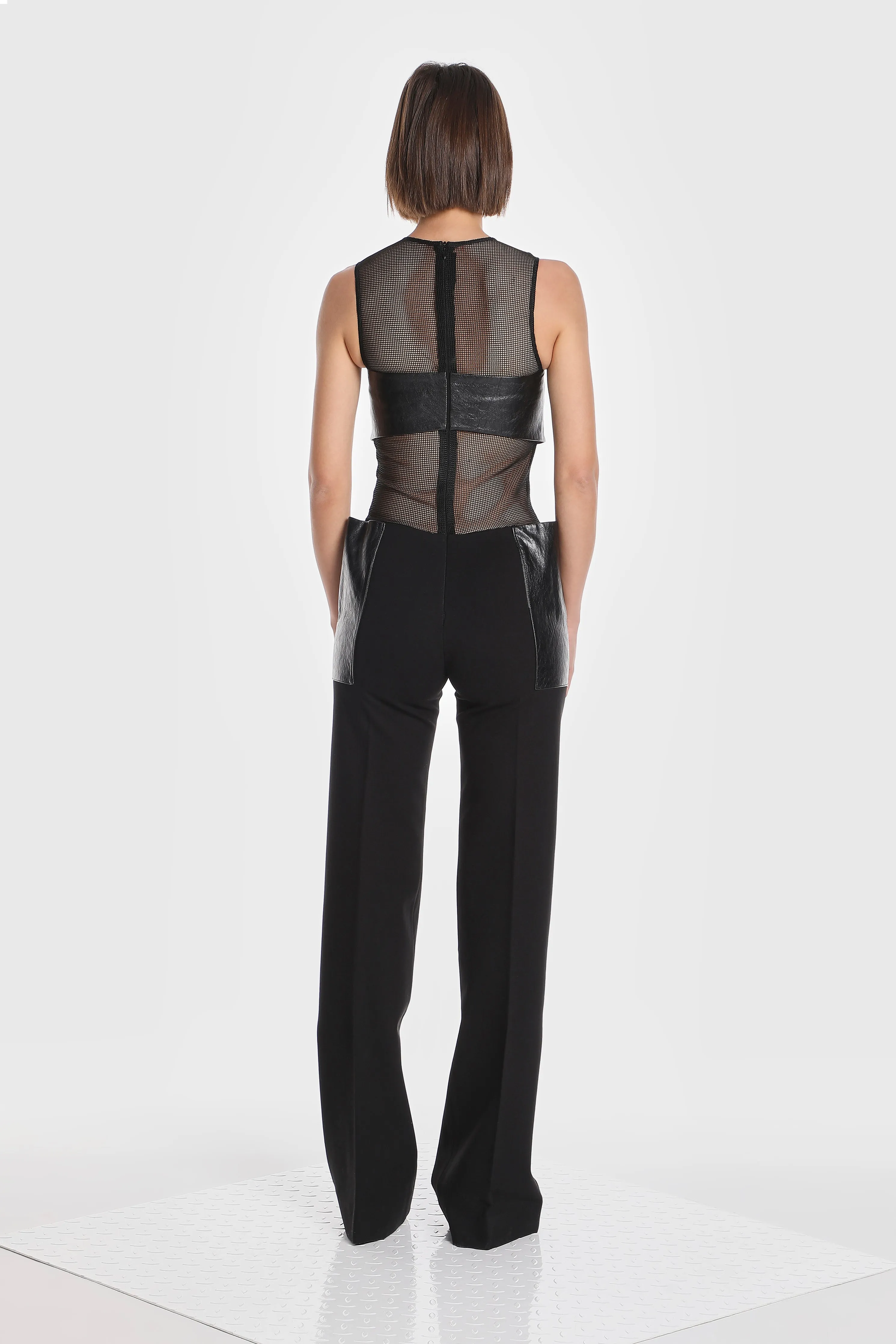 ROMA MESH JUMPSUIT W/ VEGAN LEATHER OVERLAY