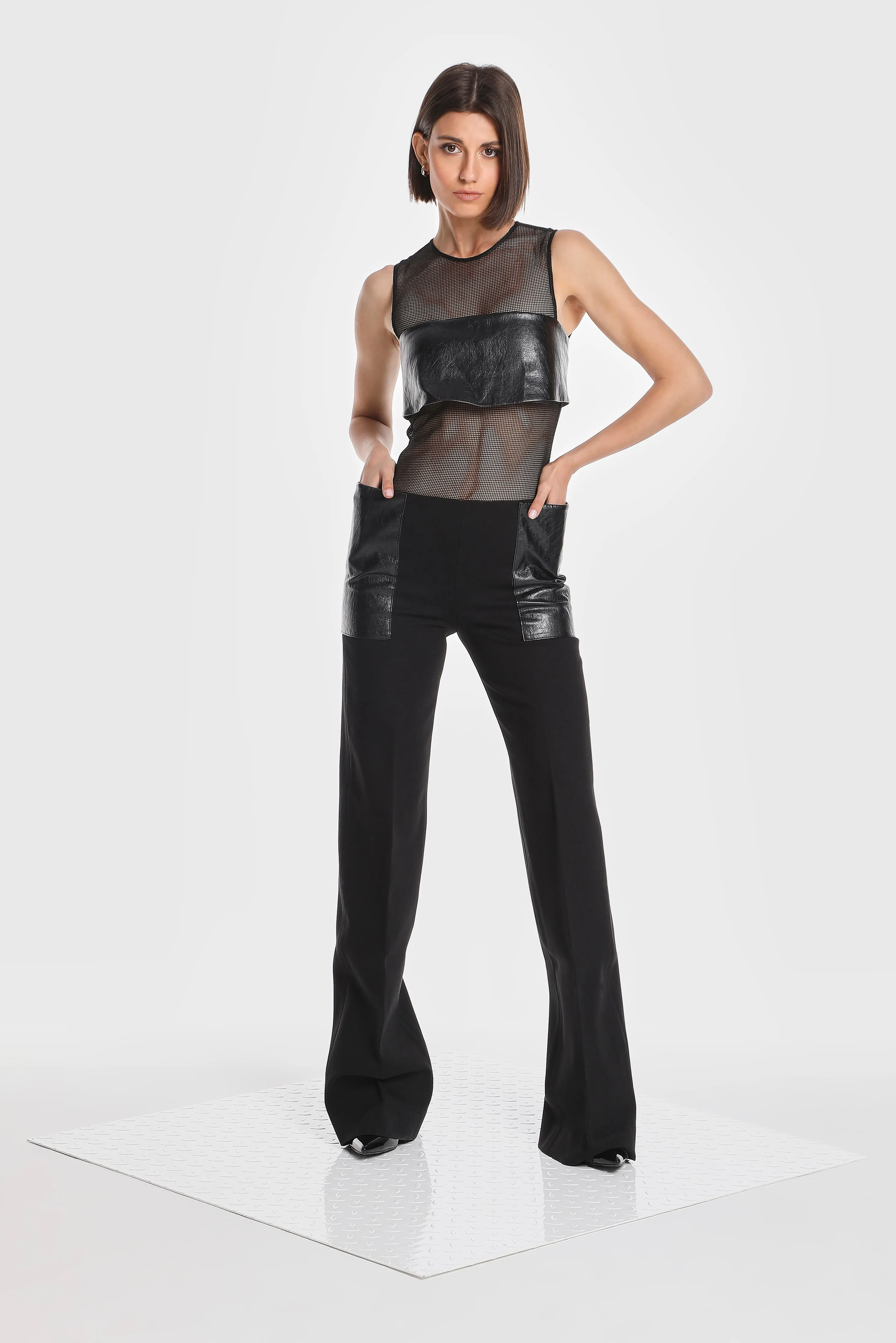 ROMA MESH JUMPSUIT W/ VEGAN LEATHER OVERLAY