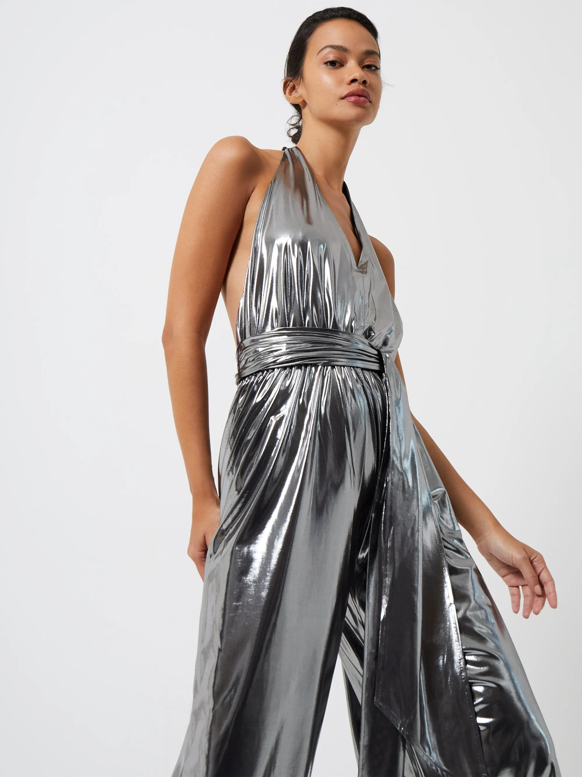 Ronja Liquid Metallic Jersey Backless Jumpsuit