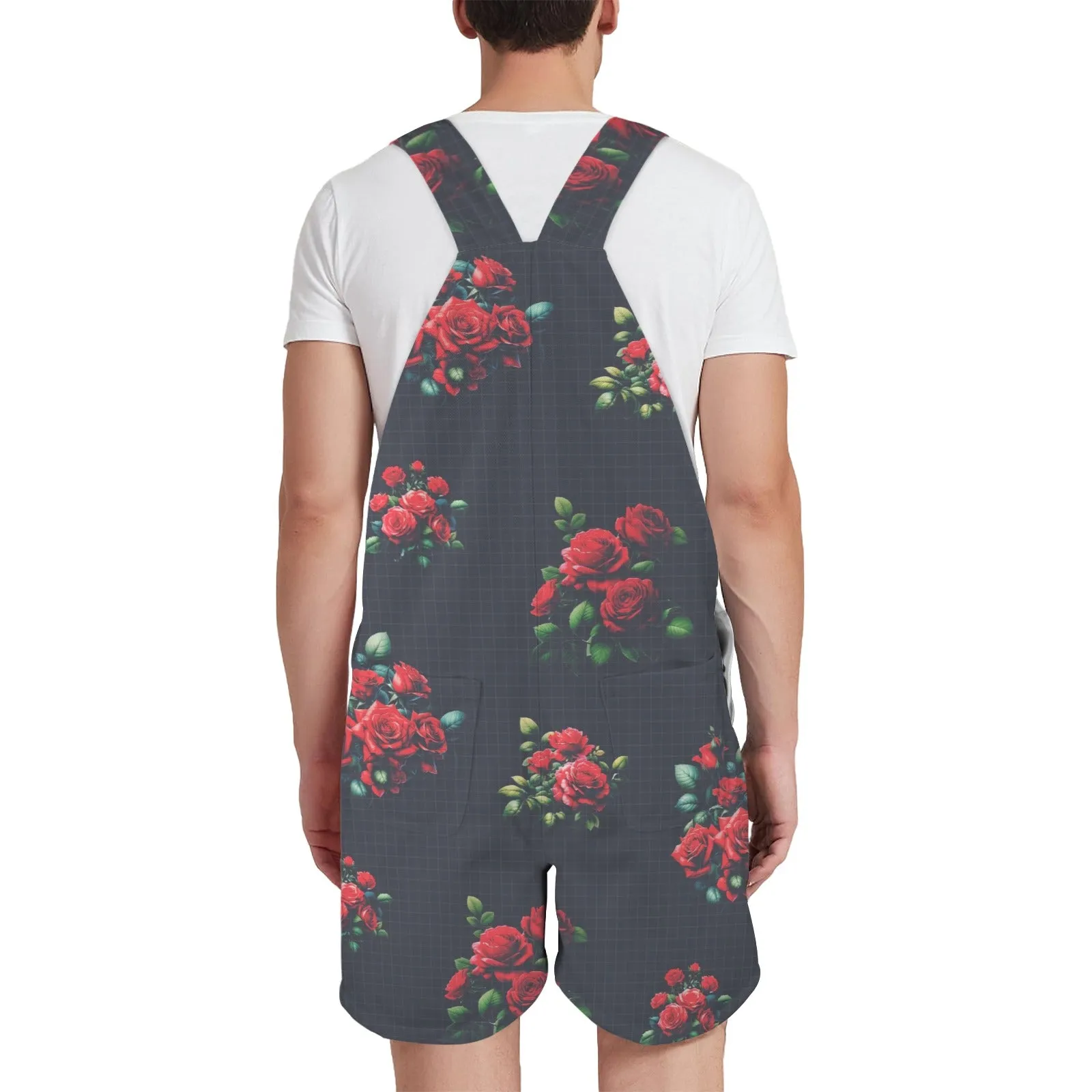 rose on grid print Unisex Shorts Suspender Jumpsuit (Model L78)