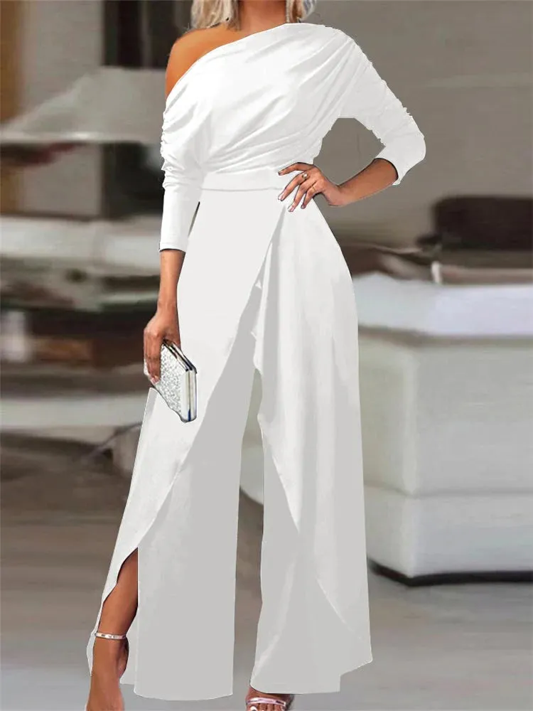 Ruched Cold Shoulder Split Hem Wide Leg Jumpsuit