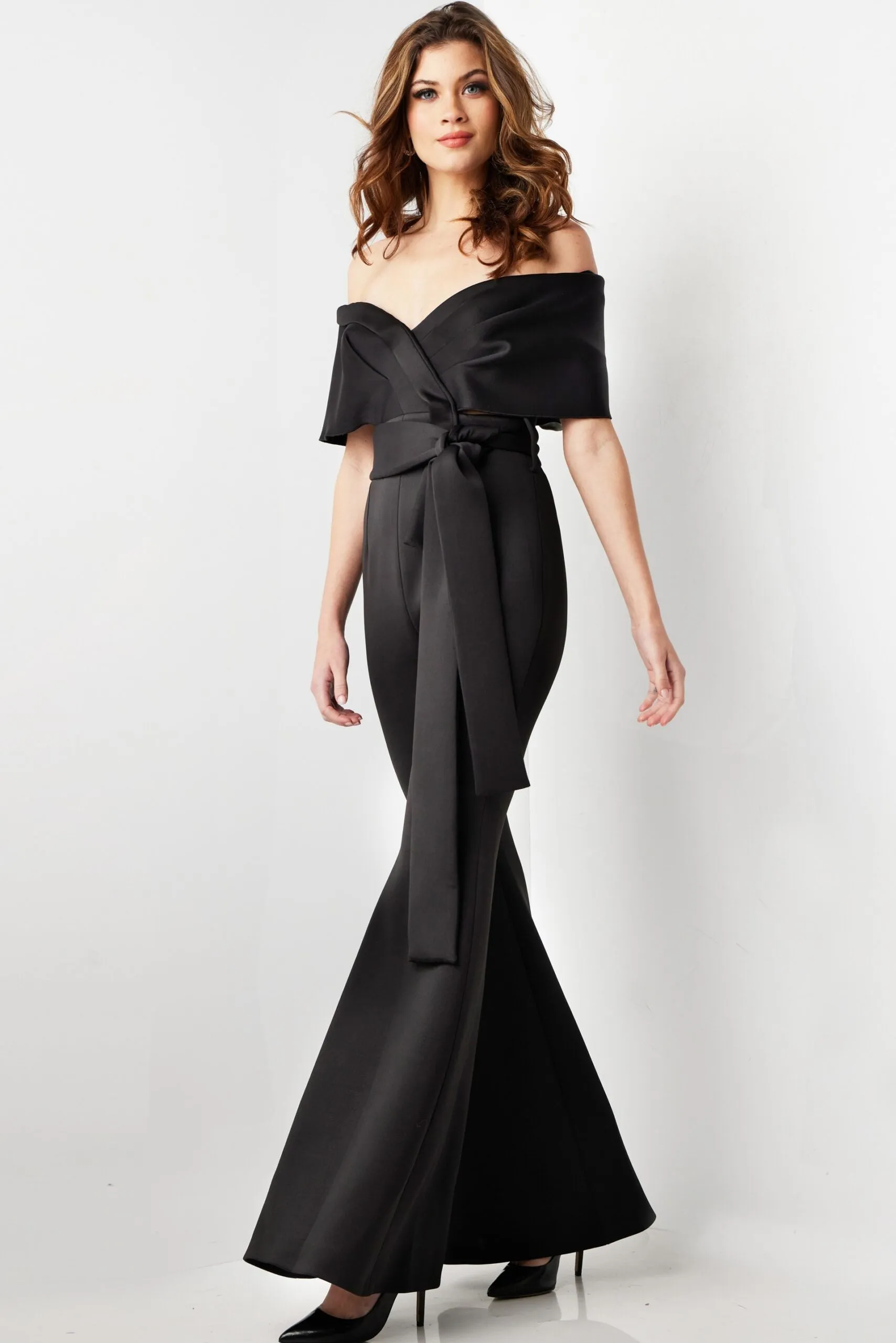 Satin Off Shoulder Jumpsuit by Jovani 09726