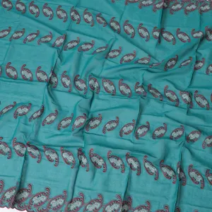 Sea green Swiss cotton voile fabric with red, beige and multicolor metallic embroidery in floral design-D6320