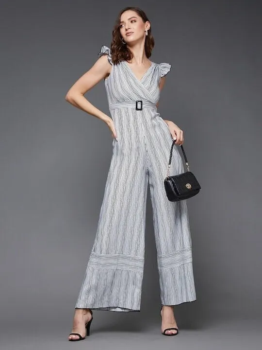 Self design Striped V-Neck Jumpsuit For Women