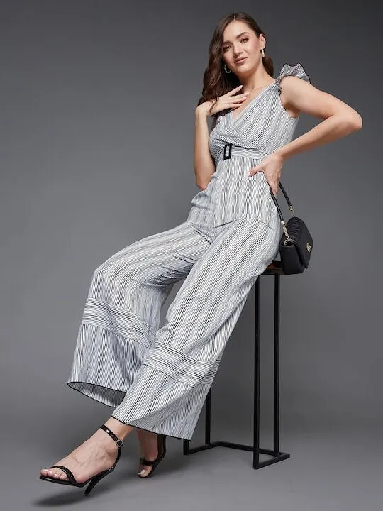 Self design Striped V-Neck Jumpsuit For Women