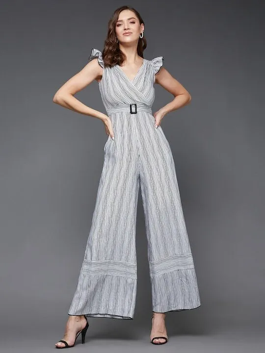 Self design Striped V-Neck Jumpsuit For Women