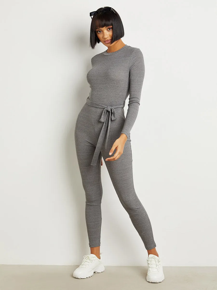 Self Tie Belt Long Sleeves Skinny Jumpsuit