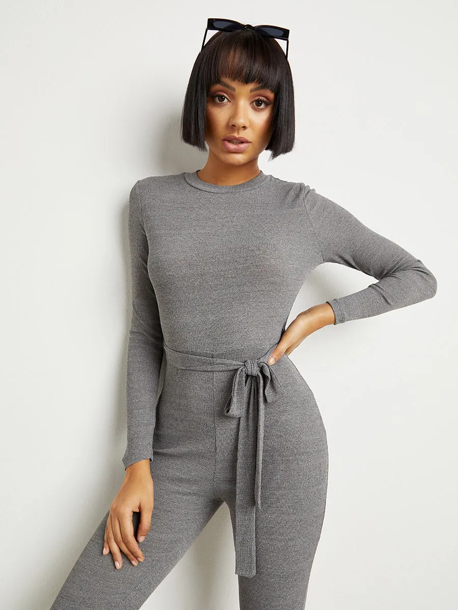 Self Tie Belt Long Sleeves Skinny Jumpsuit