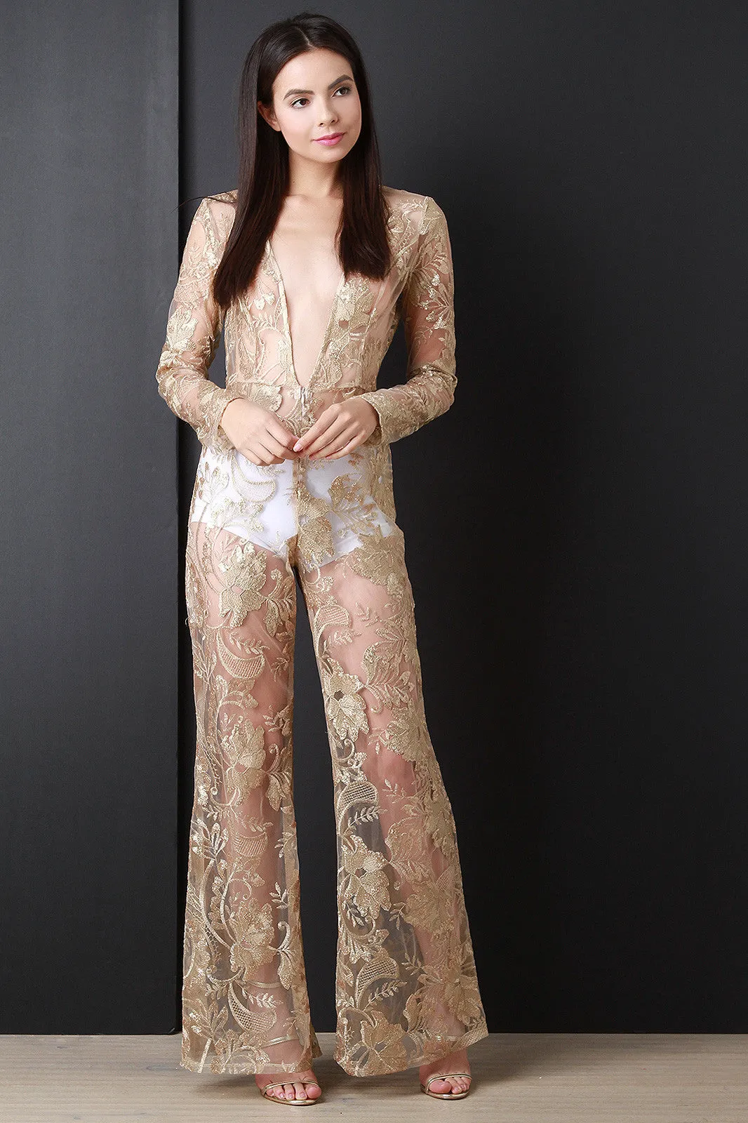 Semi-Sheer Metallic Floral Lace Jumpsuit