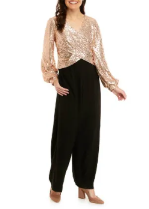 SEQUIN OVERLAY BLOUSE WIDE LEG EVENING JUMPSUIT Black Gold - Sandra Darren