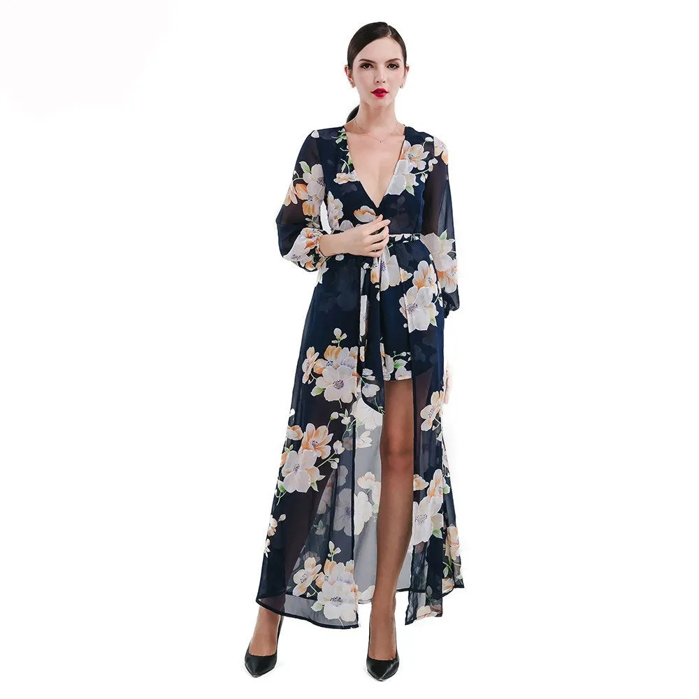 Sexy V-Neck Long-Sleeved Printed  jumpsuit