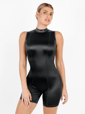 Shapewear Stretch Satin Mock Neck Sculpting Romper