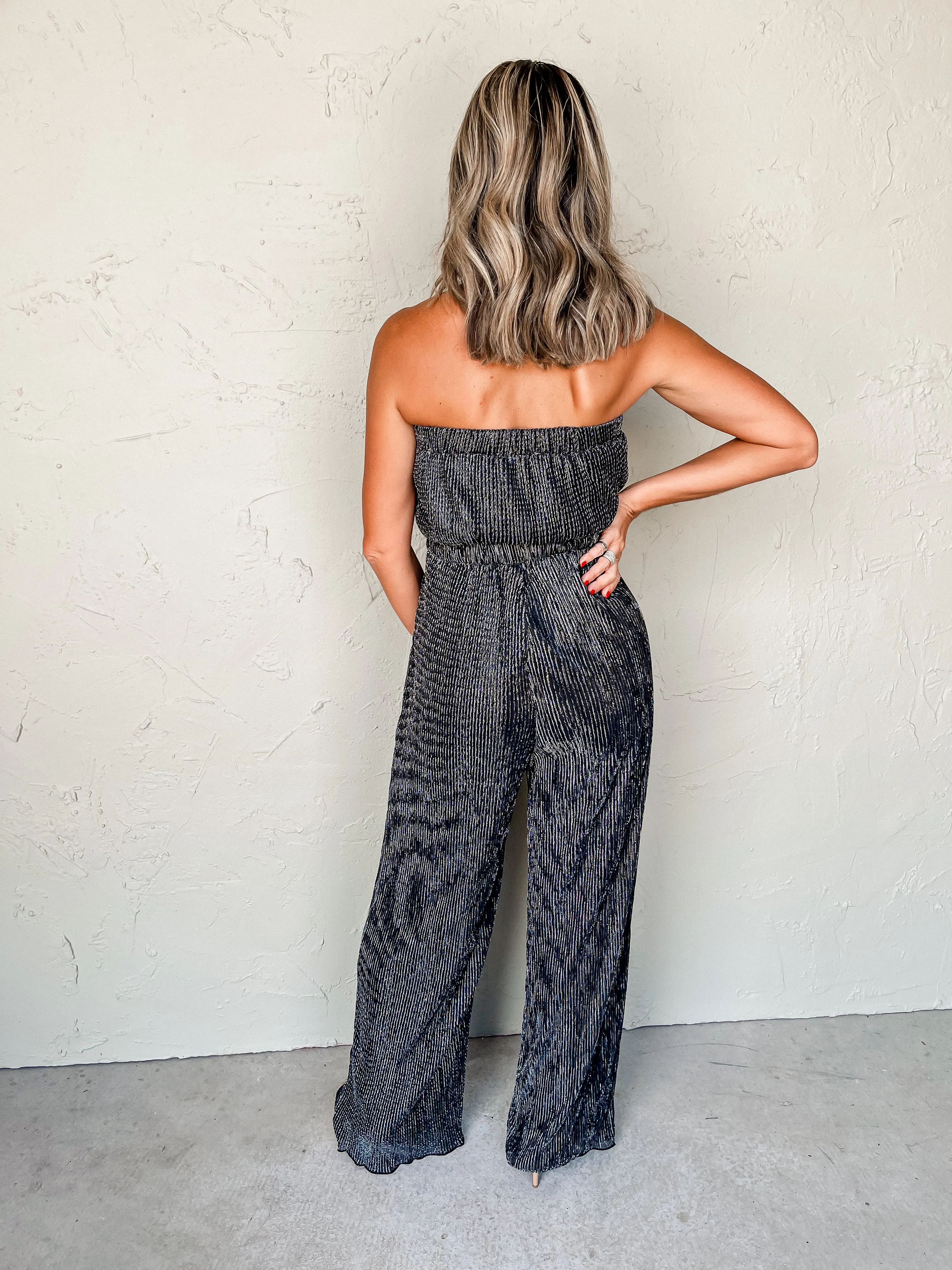 Shimmering Grace Pleated Jumpsuit-Black