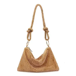 Shimmery Crystal Embellished Knot Trim Shoulder Party Bag - Gold