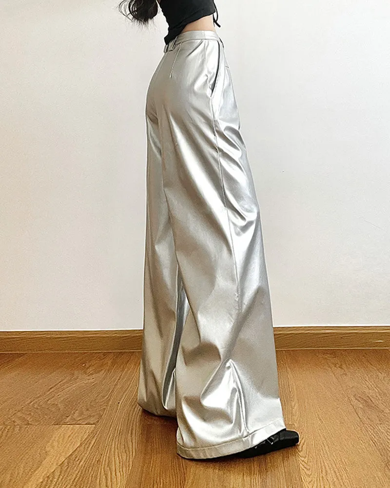 Silver Loose Fashion Casual Straight Wide Leg Leather Pants for Women