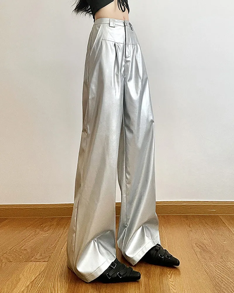 Silver Loose Fashion Casual Straight Wide Leg Leather Pants for Women