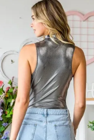 Silver Sexy High Neck Sleeveless Bodycon Metallic Bodysuit