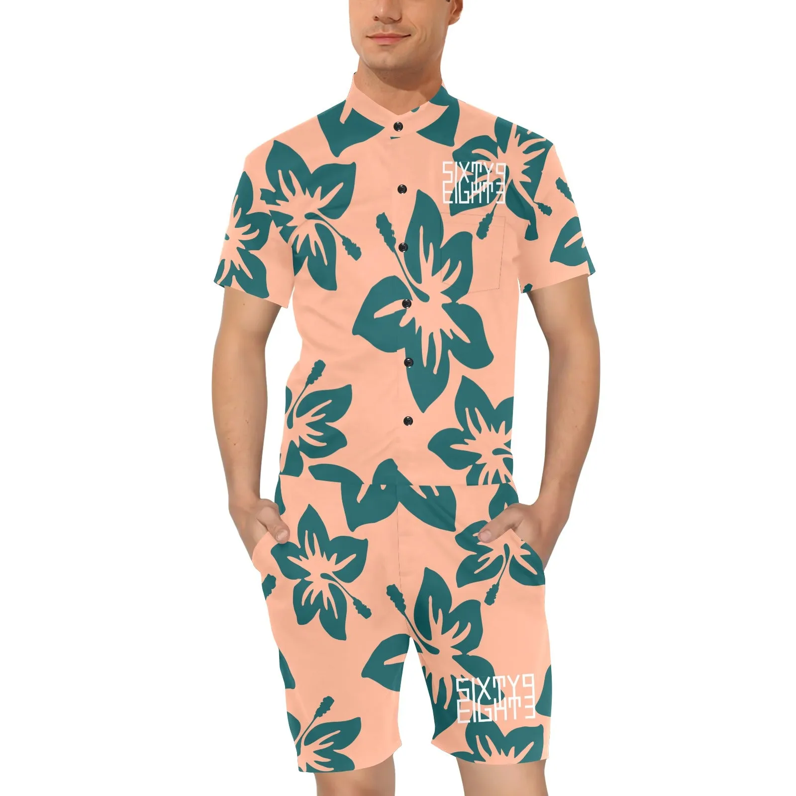 Sixty Eight 93 Logo White Hibiscus Dark Teal Peach Men's Short Sleeve Jumpsuit