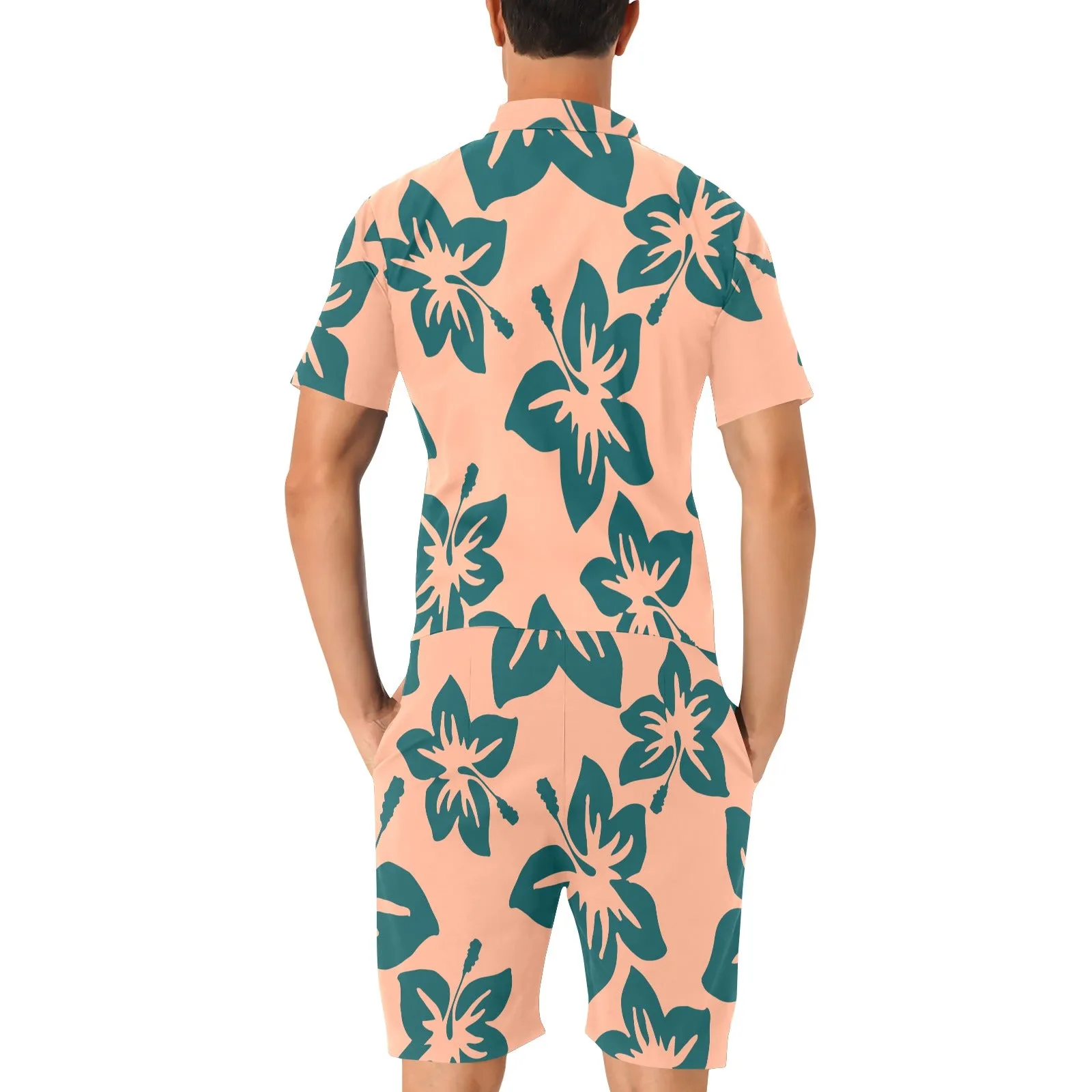 Sixty Eight 93 Logo White Hibiscus Dark Teal Peach Men's Short Sleeve Jumpsuit