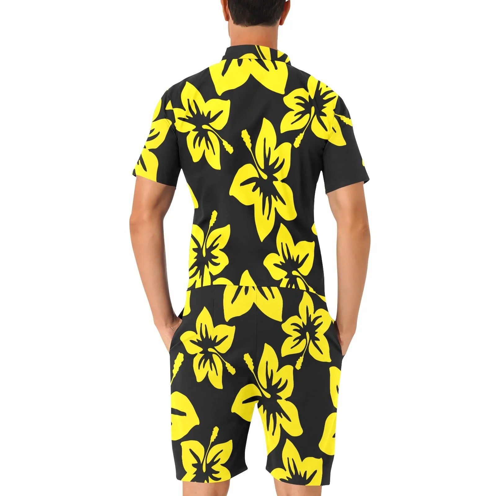 Sixty Eight 93 Logo White Hibiscus Gold & Black Men's Short Sleeve Jumpsuit